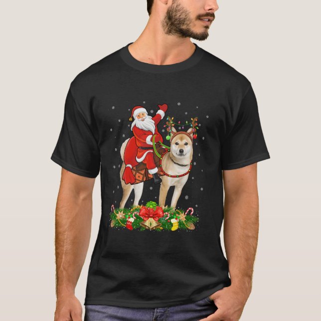 Xmas Decor Funny Santa Riding Shiba Inu Dog Christ T-Shirt (Front)
