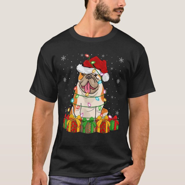 Xmas Decorations Lighting Santa English Bulldog Ch T-Shirt (Front)