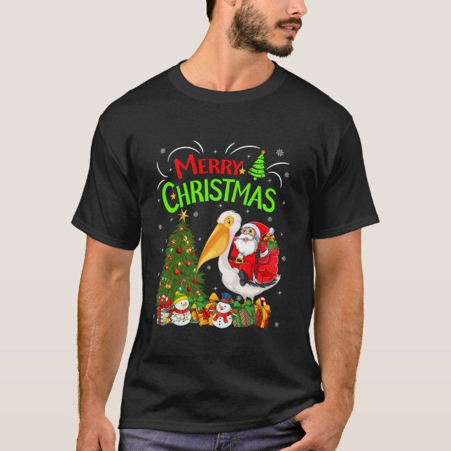 Xmas Decorations Tree Lights Santa Riding Pelican  T-Shirt (Front)