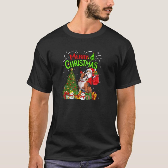 Xmas Decorations Tree Santa Riding English Bulldog T-Shirt (Front)