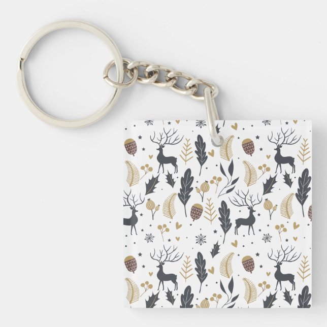 Xmas Deer and Leaves Joyful Greetings Collection Key Ring (Front)