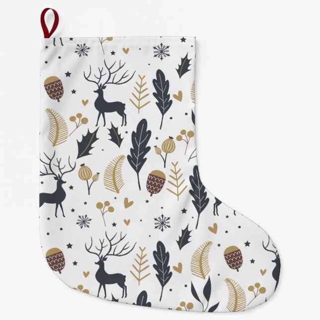 Xmas Deer and Leaves Joyful Greetings Collection Large Christmas Stocking (Front)