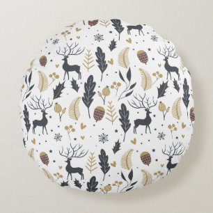 Xmas Deer and Leaves Joyful Greetings Collection Round Cushion