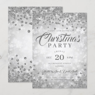 Xmas Dinner Party Silver Winter Diamonds Glitter Invitation
