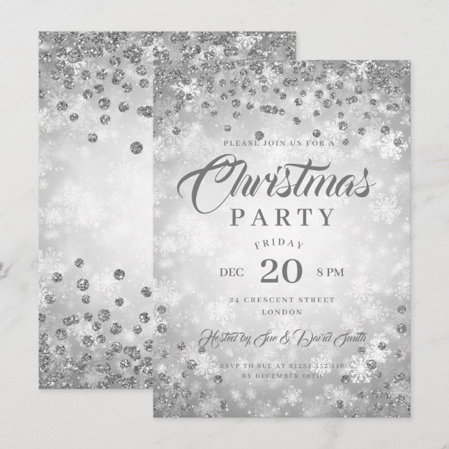 Xmas Dinner Party Silver Winter Diamonds Glitter  Invitation (Front/Back)