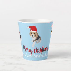 XMAS DOG LOVERS CHRISTMAS SANTA HAT BEAGLE ON BLUE LATTE MUG