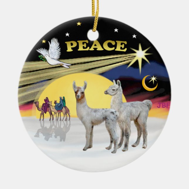 Xmas Dove - 2 Baby Llamas Ceramic Tree Decoration (Front)