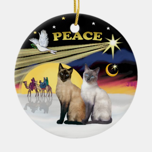Xmas Dove - Two Siamese cats (Choc+Blue) Ceramic Tree Decoration (Front)