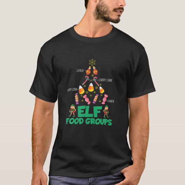 Xmas Elf Food Groups Christmas Tree Candy Cane Elf T-Shirt (Front)