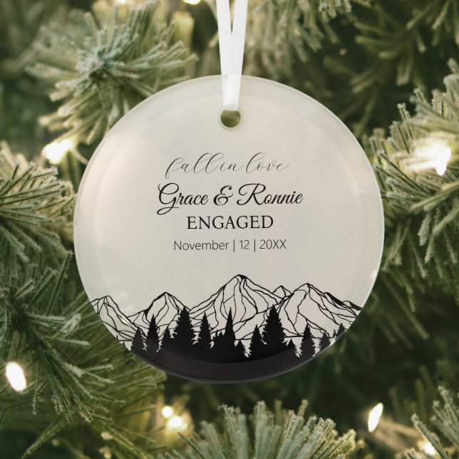 Xmas Fall Black Mountain Pine Tree Couple Engaged Glass Tree Decoration (Insitu)