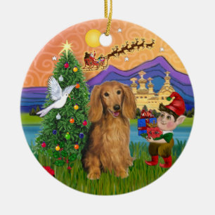 Xmas Fantasy - Long Haired Sable Dachshund Ceramic Tree Decoration