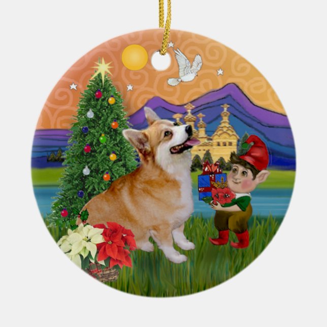 Xmas Fantasy - Pembroke Welsh Corgi 7b Ceramic Tree Decoration (Front)