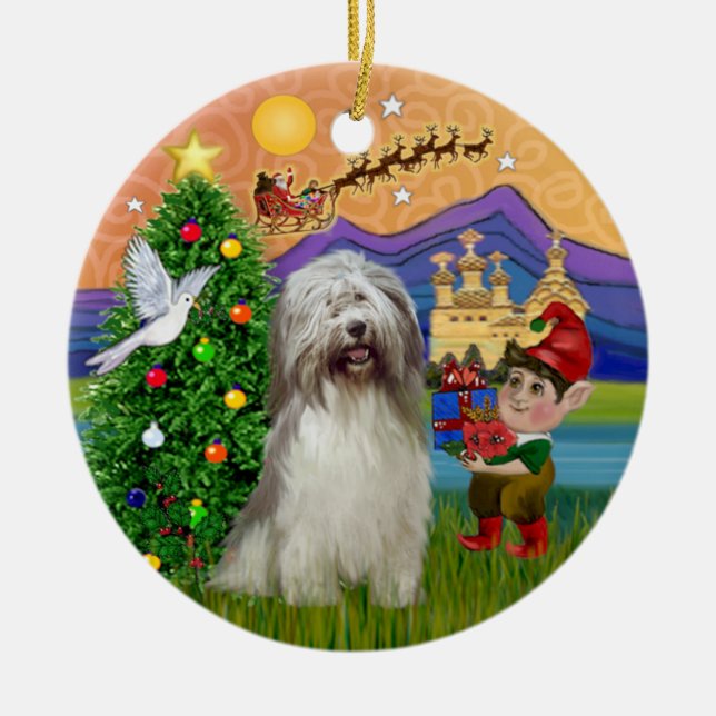 Xmas Fantasy - Polish Lowland Sheepdog (#7) Ceramic Tree Decoration (Front)