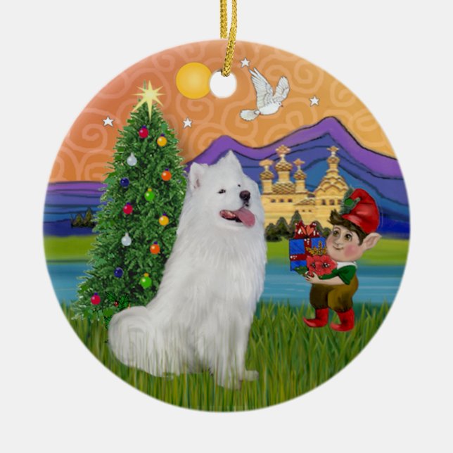 Xmas Fantasy - Samoyed Ceramic Tree Decoration (Front)