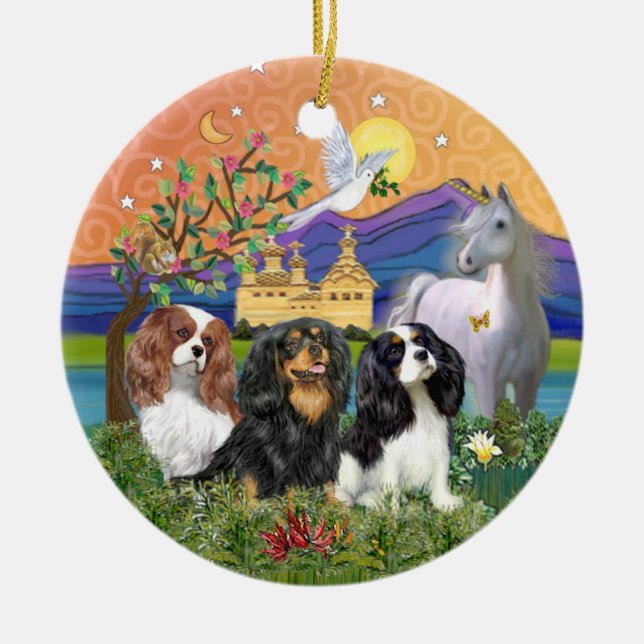 Xmas Fantasy-Three Cavalier King Charles Spaniel Ceramic Tree Decoration (Front)