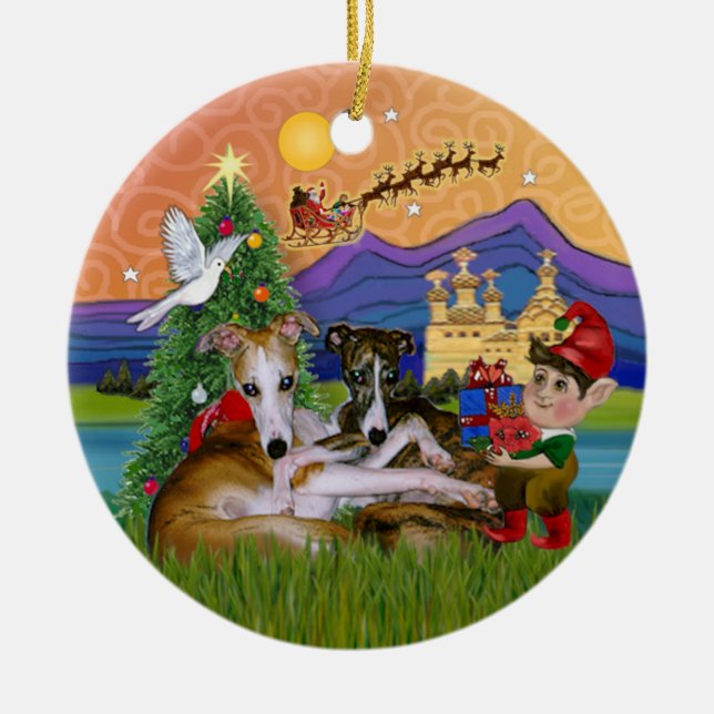 Xmas Fantasy - Two Whippets Ceramic Tree Decoration (Front)