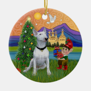 Xmas Fantasy - White Bull Terrier (P) Ceramic Tree Decoration