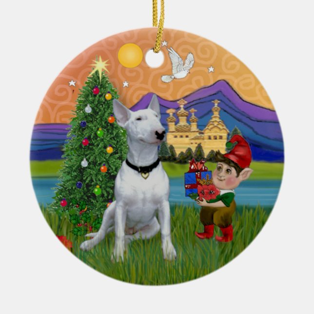 Xmas Fantasy - White Bull Terrier (P) Ceramic Tree Decoration (Front)