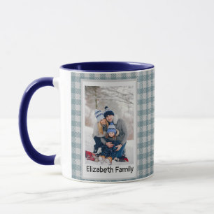 Xmas Forest Green Plaid Rustic Photo Blue Mug
