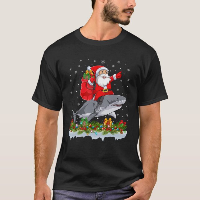 Xmas Funny Santa Claus Riding Great White Shark Ch T-Shirt (Front)