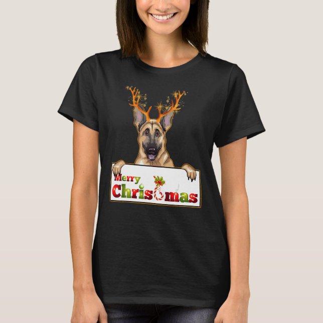 Xmas German Shepherd Dog With Antlers T-Shirt (Front)
