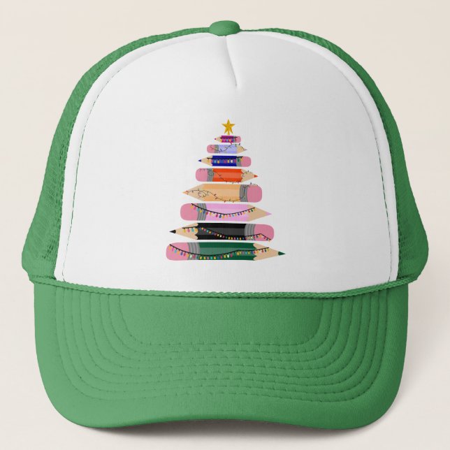 Xmas Gift For Teacher, Pen Merry Christmas Tree Trucker Hat (Front)