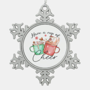 Xmas Gift Have A Cup Of Cheer Snowflake Pewter Christmas Ornament
