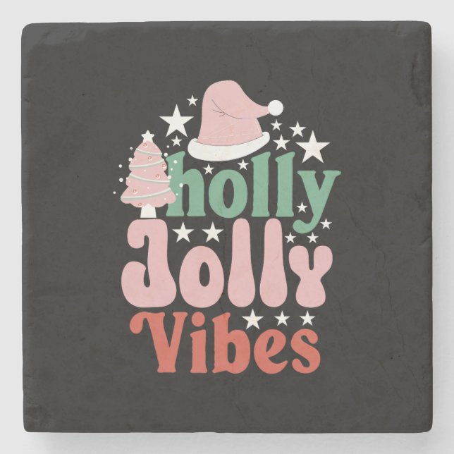 Xmas Gift Holly Jolly Vibes Stone Coaster (Front)