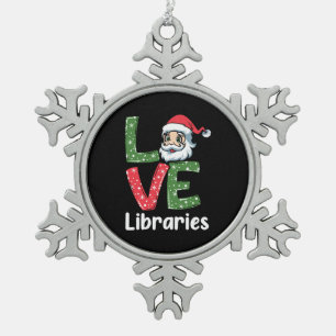 Xmas Gift LOVE Libraries Cute Santa Snowflake Pewter Christmas Ornament