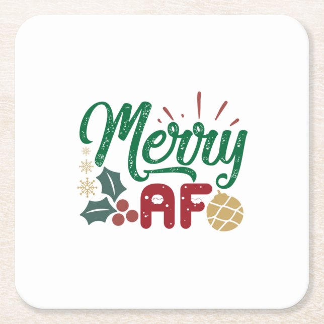 Xmas Gift | Merry AF Cool Sassy Square Paper Coaster (Front)