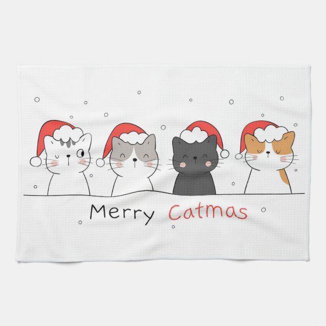 Xmas Gift | Merry Christmas With Cat Tea Towel (Horizontal)