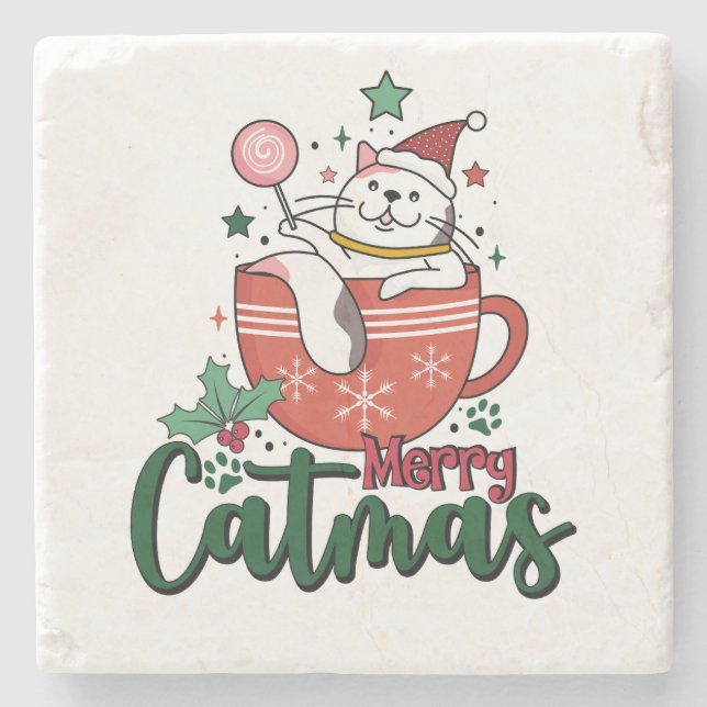 Xmas Gift Merry Cute Catmas Stone Coaster (Front)
