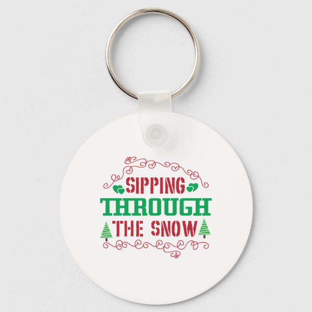 Xmas Gift Sipping Through The Snow Key Ring (Front)