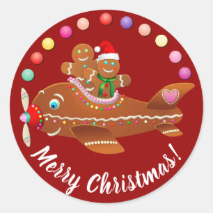 Xmas Gingerbread Aeroplane Cartoon Classic Round Sticker