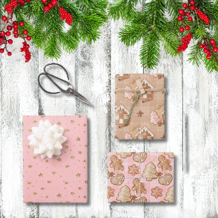 Xmas Gingerbread Men House Trees Stars Hearts Pink Wrapping Paper Sheet