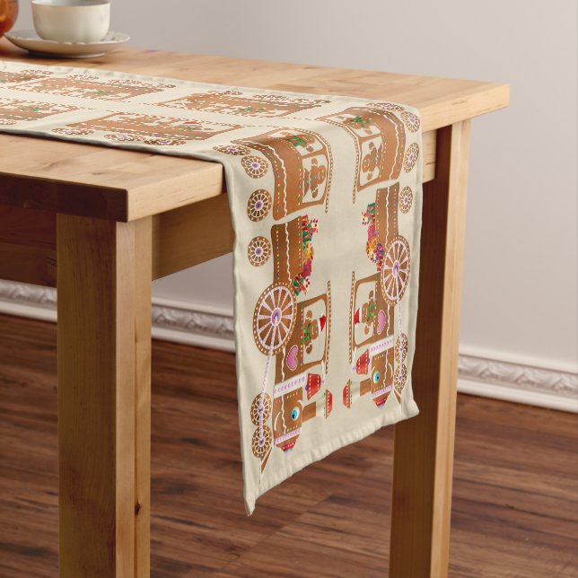 Xmas Gingerbread Steam Trains Pattern Short Table Runner (In Situ)