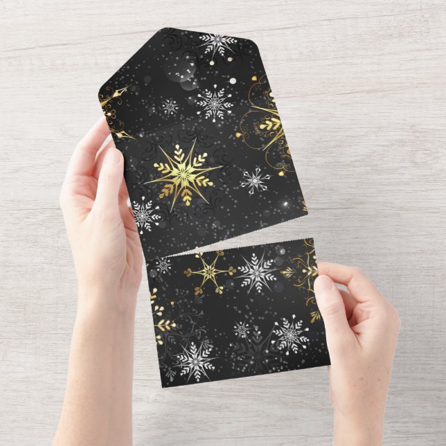 Xmas Golden Snowflakes on Black Background All In One Invitation (Tearaway)