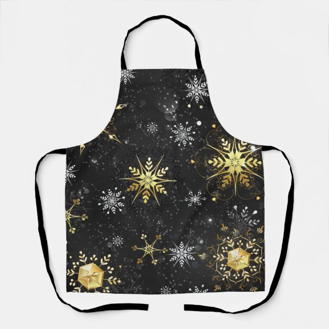 Xmas Golden Snowflakes on Black Background Apron (Front)