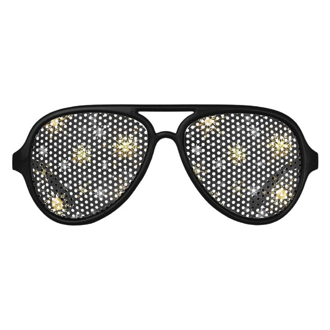 Xmas Golden Snowflakes on Black Background Aviator Sunglasses (Front)
