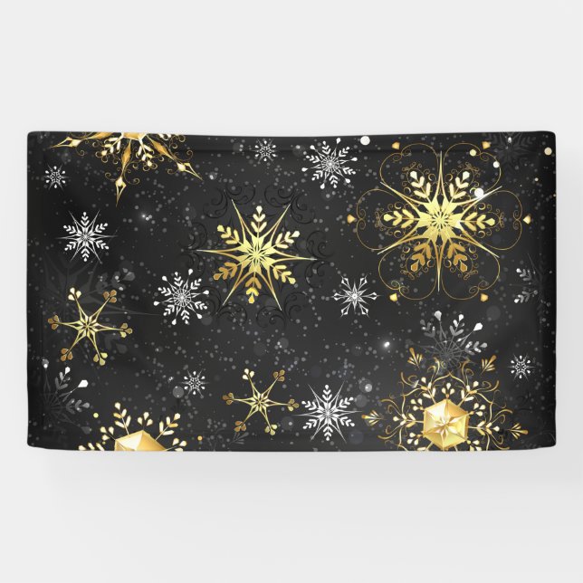 Xmas Golden Snowflakes on Black Background Banner (Horizontal)
