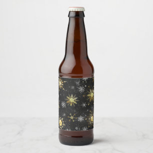 Xmas Golden Snowflakes on Black Background Beer Bottle Label