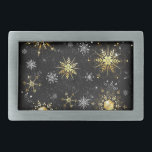 Xmas Golden Snowflakes on Black Background Belt Buckle<br><div class="desc">Black Christmas background with gold and black jewellery snowflakes. Golden snowflakes. Xmas.</div>