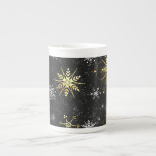 Xmas Golden Snowflakes on Black Background Bone China Mug