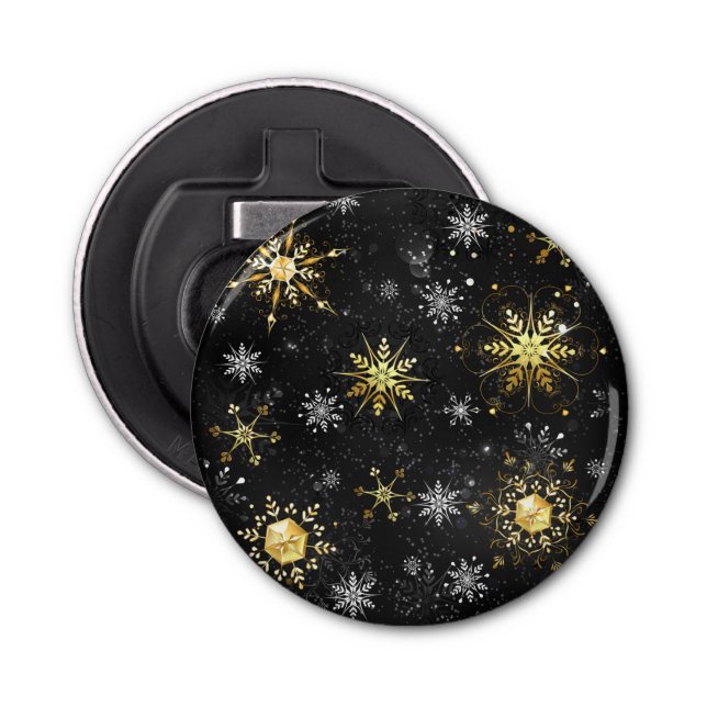 Xmas Golden Snowflakes on Black Background Bottle Opener (Front)
