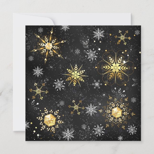 Xmas Golden Snowflakes on Black Background Card (Front)