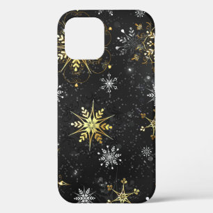 Xmas Golden Snowflakes on Black Background iPhone 12 Case