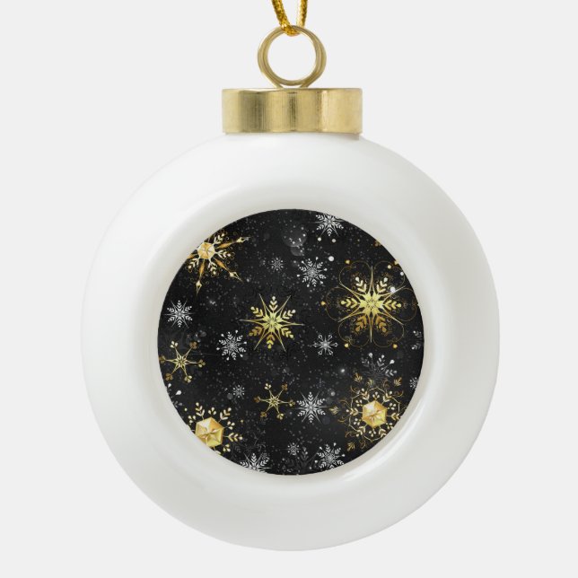 Xmas Golden Snowflakes on Black Background Ceramic Ball Christmas Ornament (Front)