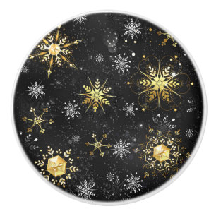 Xmas Golden Snowflakes on Black Background Ceramic Knob