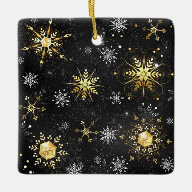 Xmas Golden Snowflakes on Black Background Ceramic Ornament (Front)