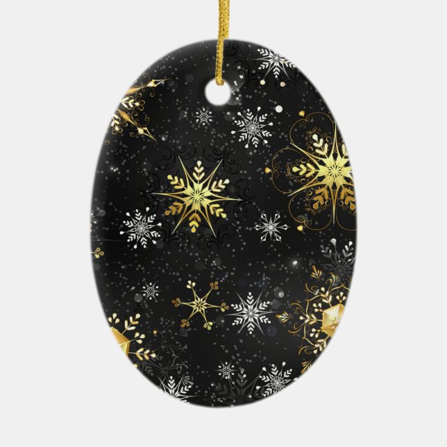 Xmas Golden Snowflakes on Black Background Ceramic Tree Decoration (Front)